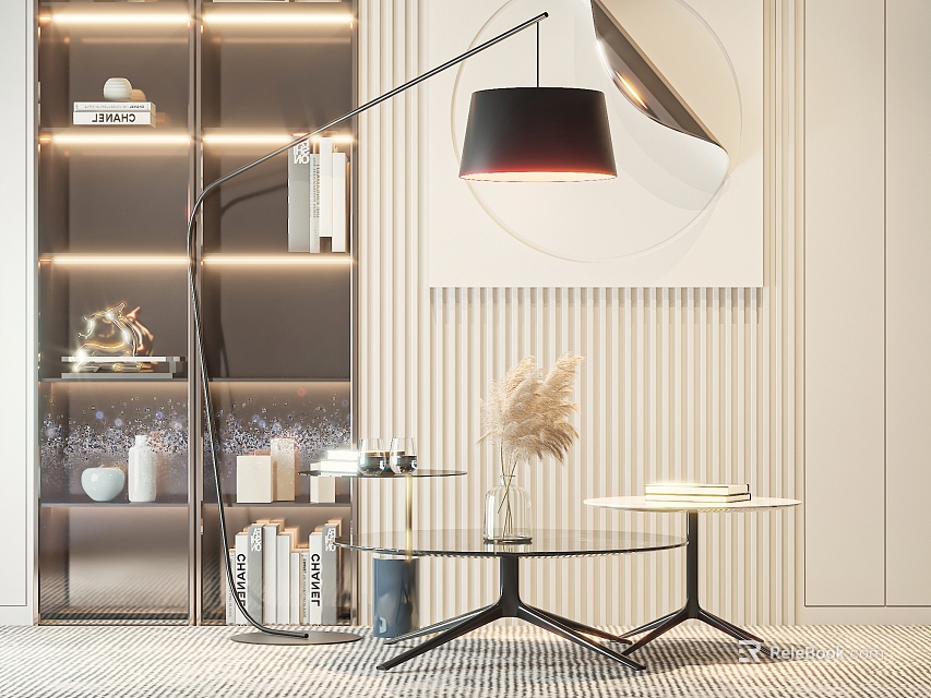 Modern Glass Coffee Table With Black Metal Frame Decorative Items Floor Lamp And Striped Wall 3d model 