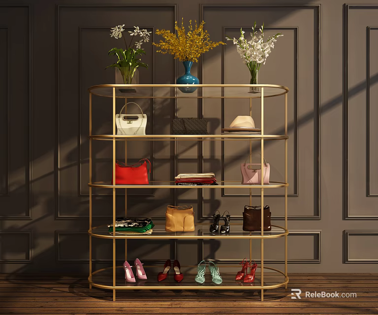 Stylish Golden Metal Shelving Unit With Various Handbags Shoes Vases And Books Against Dark Wall 3d model 