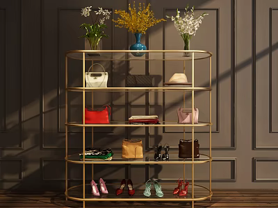 Stylish Golden Metal Shelving Unit With Various Handbags Shoes Vases And Books Against Dark Wall 3d model
