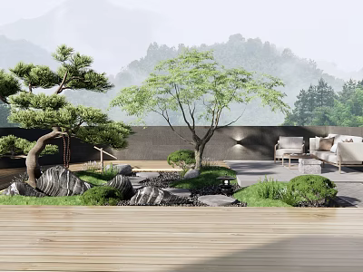 Roof Garden Design With Trees Seating Area Shrubs And Mountain Scenery 3d model