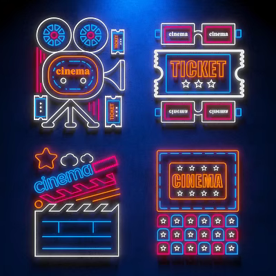 Cinema Themed Neon Decorative Lights with Film Projector Ticket Clapperboard and Stars Design 3d model