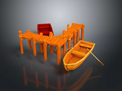 Wooden Boat 3D Model Design With Wooden Dock Red Seat And Oar 3d model