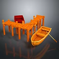 Wooden Boat 3D Model Design With Wooden Dock Red Seat And Oar