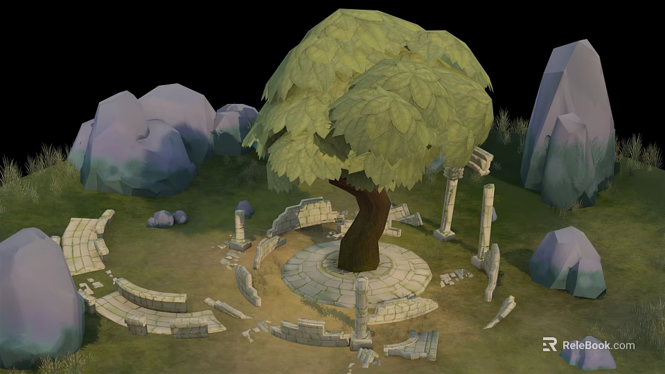 Cartoon Ancient Ruins Scene With Big Tree Broken Stone Pillars And Rocky Mountains 3d model 