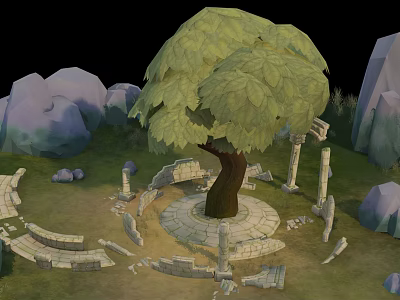 Cartoon Ancient Ruins Scene With Big Tree Broken Stone Pillars And Rocky Mountains 3d model