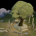 Cartoon Ancient Ruins Scene With Big Tree Broken Stone Pillars And Rocky Mountains