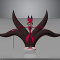 3D Character Design With Red Black Attire Large Wings Horned Headdress Staff On White Base