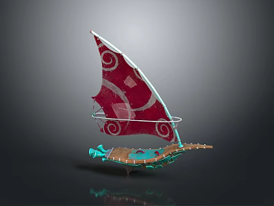 Unique Turquoise Water Vehicle with Red Sail and White Spiral Patterns 3d model