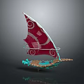 Unique Turquoise Water Vehicle with Red Sail and White Spiral Patterns