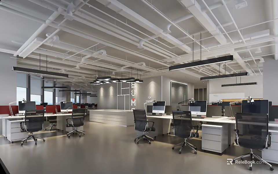 Modern Public Office Area Interior Design With Open Workstations Ergonomic Chairs Computers And Hanging Lights 3d model