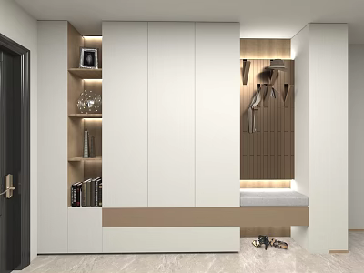 Modern Shoe Cabinet With Wooden Accents Display Shelves Bench And Hooks 3d model
