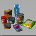 Daily Living Essential Food Items Including Corn Flakes Milk Carton Canned Goods And Potato Chips