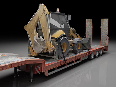 Red Heavy Duty Flatbed Trailer Transporting Yellow Backhoe Loader in 3D Rendered Scene 3d model