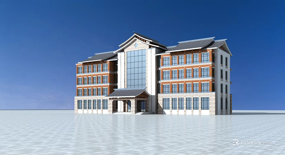 Modern Multi Storey Office Building With Large Glass Windows And Brown Brick Facade 3d model 