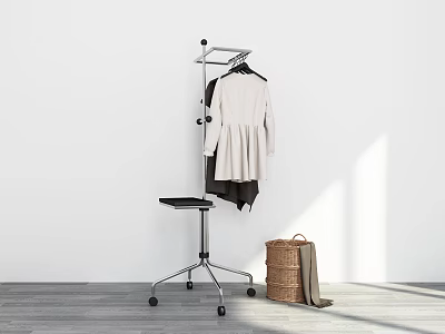 Clothes Hanger With Wheels Holding Light And Dark Clothes On Gray Floor Near Wicker Basket 3d model