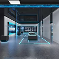 Modern High Tech Exhibition Hall With Blue Lighting Digital Lines Display Platform And Visitors