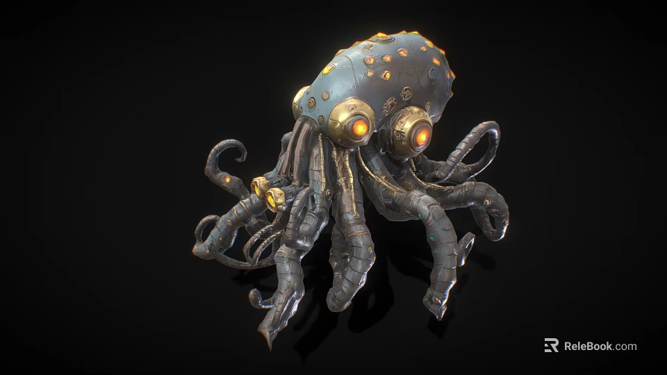 Mechanical Octopus Like Game Movie Character With Glowing Eyes And Metallic Tentacles 3d model 