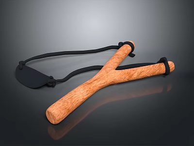 Wooden Slingshot with Black Rubber Bands and Leather Pouch for Outdoor Activities 3d model