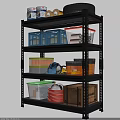 Black Metal Storage Shelf With Colorful Lidded Bins Plastic Crates Wooden Box And Red Rope