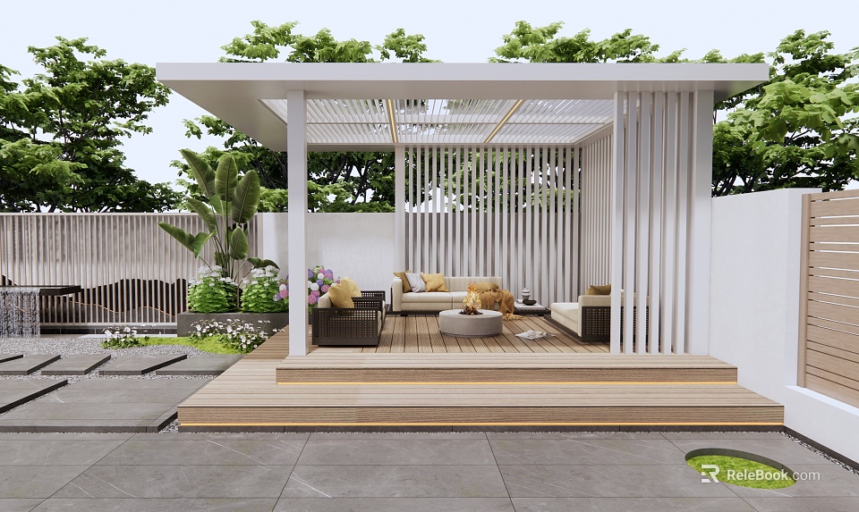 Modern White Pergola Outdoor Lounge Design With Wooden Deck And Green Plants 3d model 