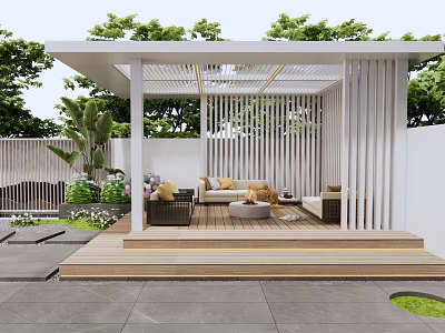 Modern White Pergola Outdoor Lounge Design With Wooden Deck And Green Plants 3d model