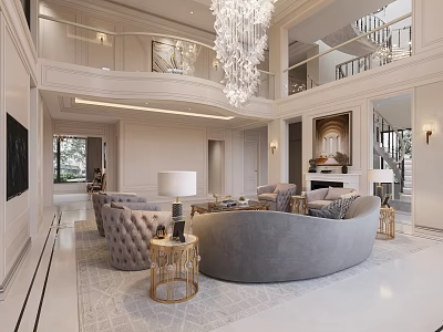 Luxurious Modern Living and Dining Room Interior With Crystal Chandelier Sofa and Fireplace Decor 3d model