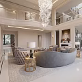 Luxurious Modern Living and Dining Room Interior With Crystal Chandelier Sofa and Fireplace Decor