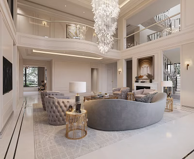 Luxurious Modern Living and Dining Room Interior With Crystal Chandelier Sofa and Fireplace Decor 3d model