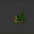 3D Model Scene With Wooden Cabin Green Pine Trees Snowy Roof And Grassy Ground