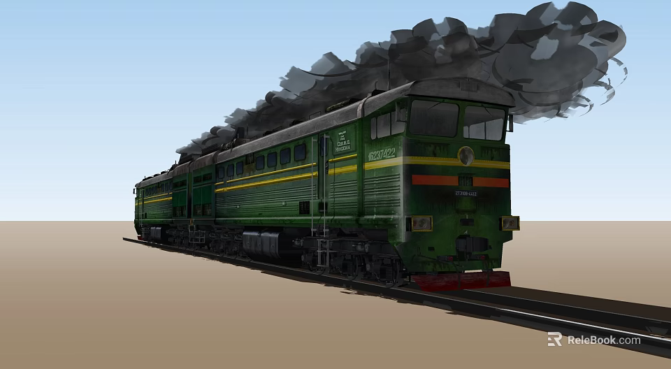 Green Train Locomotive With Yellow Stripes Emitting Black Smoke On Tracks 3d model 