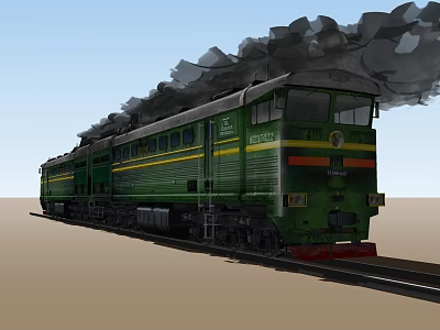 Green Train Locomotive With Yellow Stripes Emitting Black Smoke On Tracks 3d model