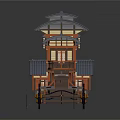 Ancient Two Story Wooden Mobile Building With Tile Roof Windows And Elephant Drawn Wheels