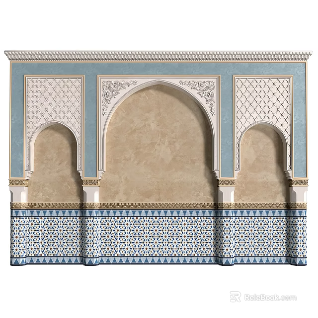 Moroccan Style Decorative Wall Arches with Blue Beige Tiles Geometric Patterns and Gold Accents Design 3d model 