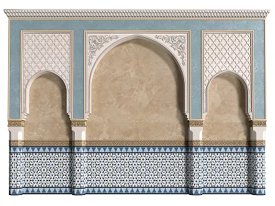 Moroccan Style Decorative Wall Arches with Blue Beige Tiles Geometric Patterns and Gold Accents Design 3d model