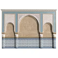 Moroccan Style Decorative Wall Arches with Blue Beige Tiles Geometric Patterns and Gold Accents Design