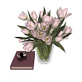 Pink Tulips Arranged in Transparent Vase with Hardcover Book and Decorative Items