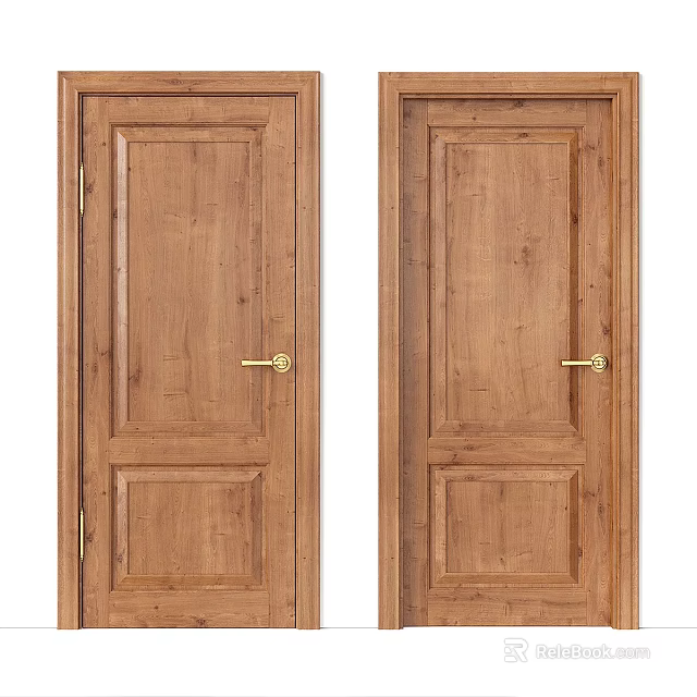 Classic Solid Wood Hinged Doors With Golden Handles And Natural Grain 3d model 