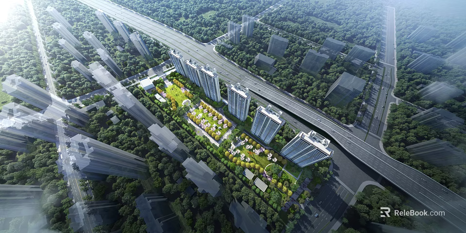 Birds Eye View Planning of Residential Complex With High Rise Buildings Green Areas and Roads 3d model 