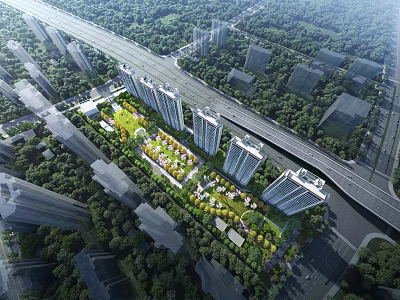 Birds Eye View Planning of Residential Complex With High Rise Buildings Green Areas and Roads 3d model
