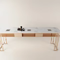 Modern Minimalist Long Table With Six White Chairs And Light Wood Design