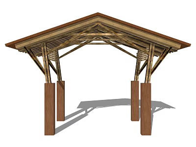 Wooden Pergola with Triangular Roof Design and Sturdy Columns and Decorative Beams 3d model