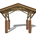 Wooden Pergola with Triangular Roof Design and Sturdy Columns and Decorative Beams