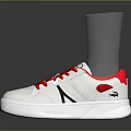 White Stylish Sneakers With Red Laces Red Accents And Black Logo Design