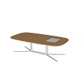 Oval Shaped Wooden Dining Table With Metal Frame And White Paper On Marble Floor
