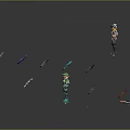 Colorful Fantasy Characters And Magical Creatures With Weapon Props On Dark Shiny Surface