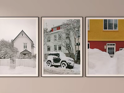 Three Framed Winter Scenery Pictures Featuring Snowy Houses and Car on Wall 3d model