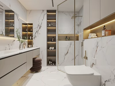 Modern Bathroom Interior With Marble Walls Vanity Shower And Cabinets 3d model