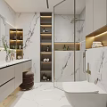 Modern Bathroom Interior With Marble Walls Vanity Shower And Cabinets