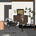 Cozy Accent Chair Interior With Walnut Cabinet Vase Candles Painting And Indoor Plants