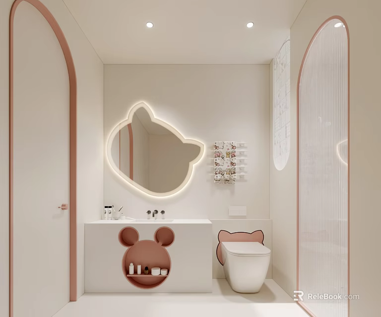 Cute Modern Bathroom Interior Design With Bear Shaped Mirror Vanity And Toilet 3d model 